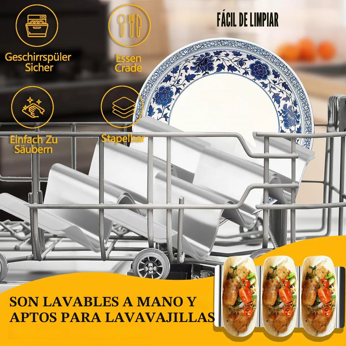Soporte para Tacos, 4 Soportes para Tacos de Acero Inoxidable con Asas Incorporadas, Bandeja para Taco Burritos Tapas, Sujetar Tacos, Bocadillos, Perritos Calientes y Tortitas Seguro Horno y Parrilla