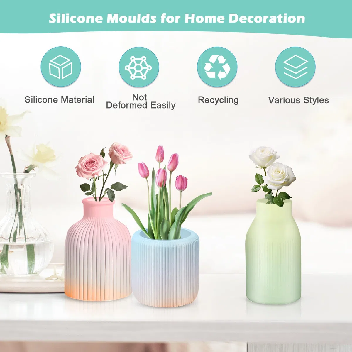 7 Piezas Silicona Florero Moldes, Moldes Resina Jarrón con 5 Floreros + 2 Paleta, Botella Molde de Resina para DIY Decorar Hogar Restaurante Floristería Oficina