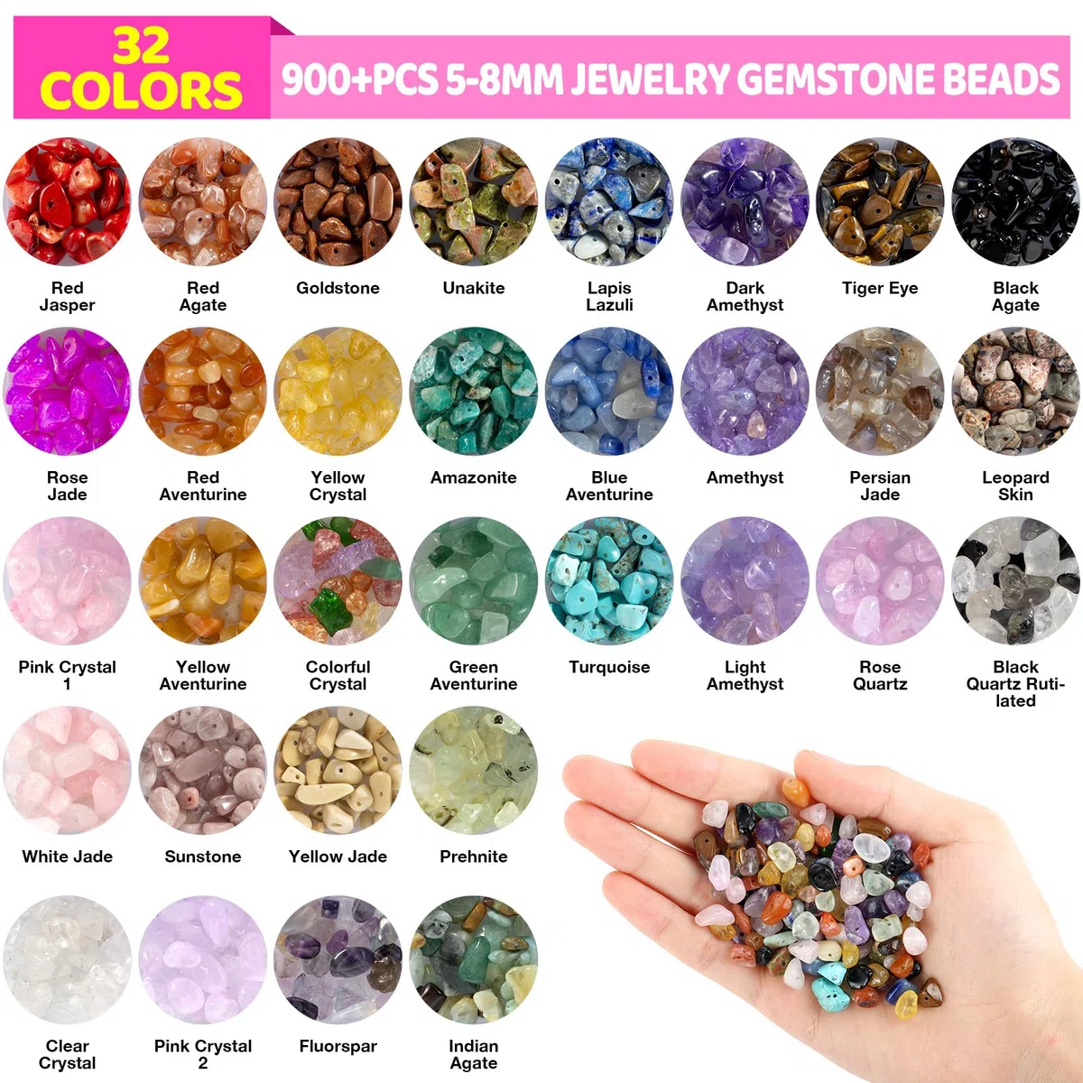 Funtopia Kit de cuentas de cristal de 32 colores para hacer joyas, 1200 piezas de cuentas de piedras preciosas naturales para adultos, 5-8 mm, cristales irregulares y chips