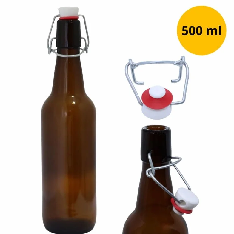 Botella de cerveza de cristal marrón de 500 ml con tapa abatible de plástico, 10 unidades.