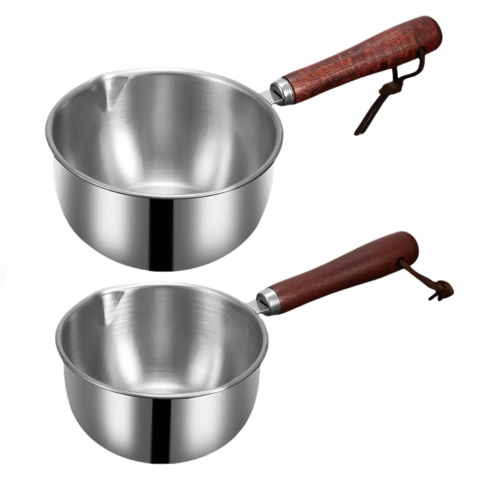 2 Cacerolas de Leche Con Vertedor: Sartén de Acero Inoxidable 304 Con Mango de Madera, Olla para Inducción, Mantequilla, Aceite, Pequeña para Cocina de Gas (300 ml +)