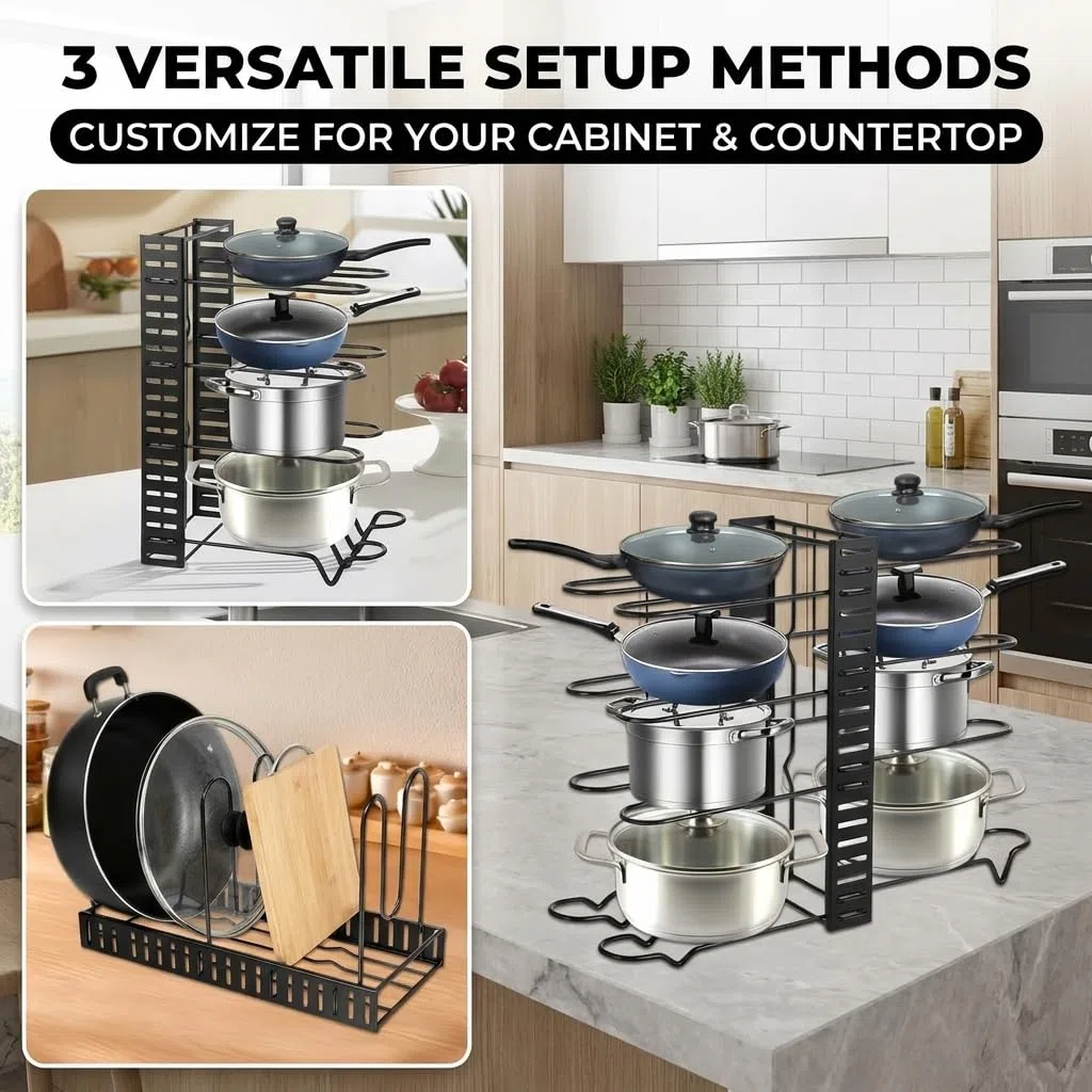 Organizador de ollas y sartenes con 8 niveles, soporte ajustable para hasta 8 ollas y sartenes, organizador para armarios de cocina, 48 x 20,5 x 38 cm