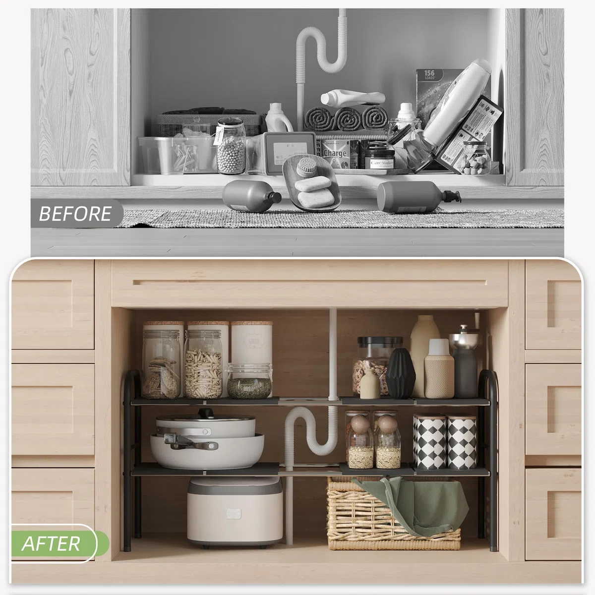 NETEL Organizador de armario inferior, estantería de cocina ajustable con 8 placas móviles, ancho extensible (52,5 – 82 cm)