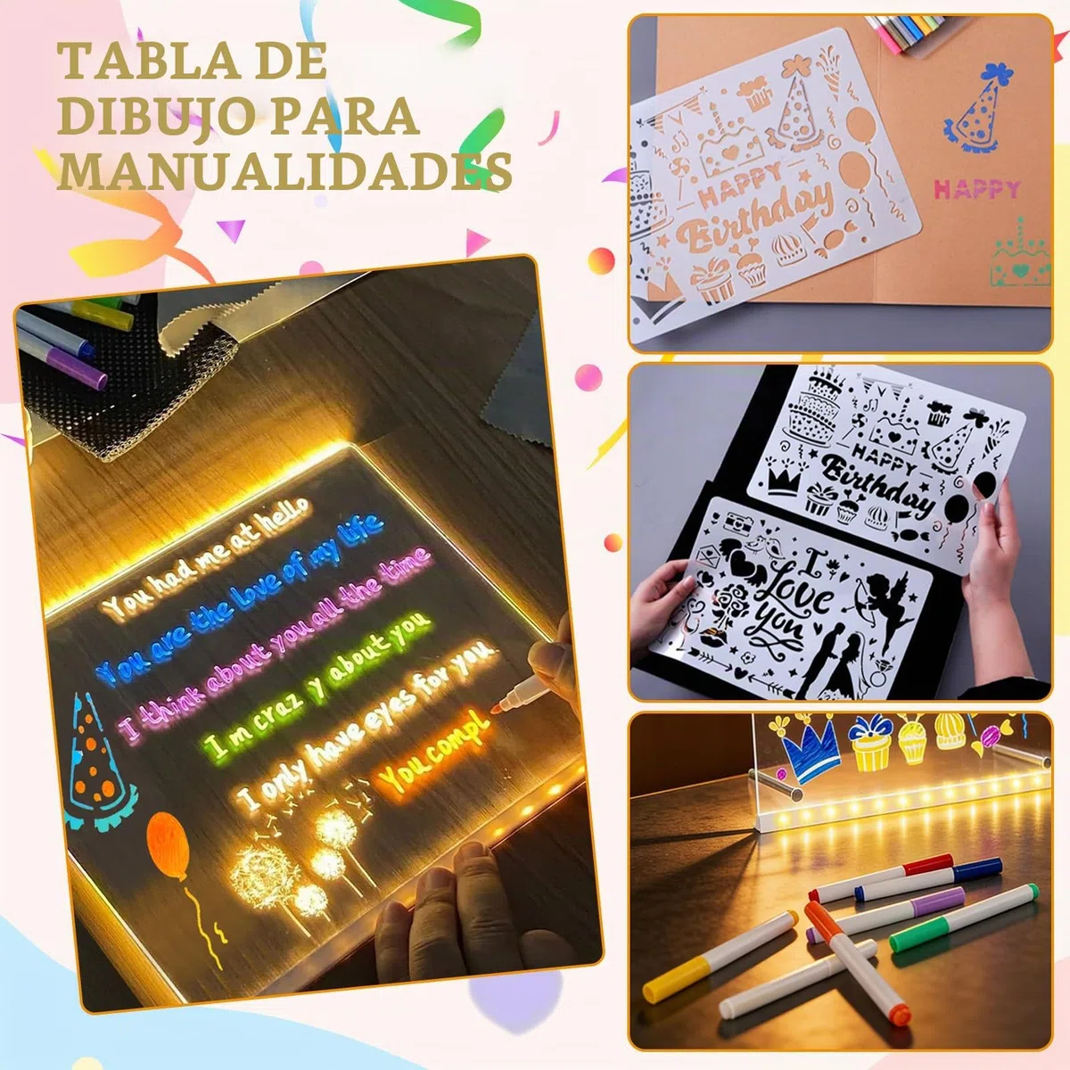Tablero Acrílico Luminoso con Mensaje LED, Tablero de Notas LED con Bolígrafo de 7 Colores, Tablero de Dibujo LED con Soporte,Tablero de Escritura LED Luminoso Transparente, Limpiable