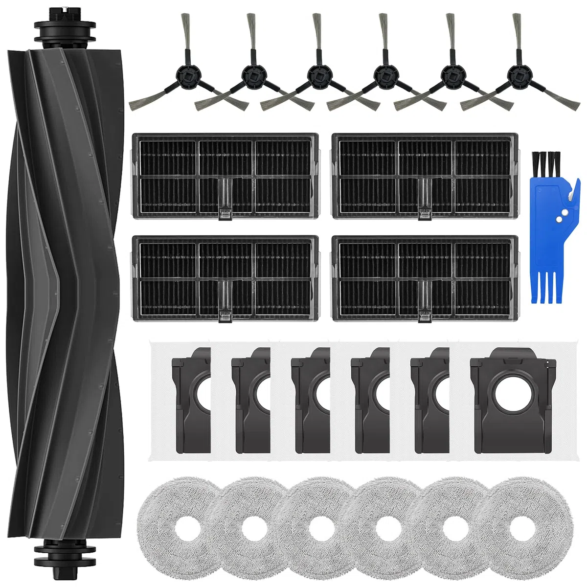 24 Recambios Compatible con Dreame L10s Ultra Gen2/L10s Pro Ultra Heat/X30 Ultra/L40 Ultra AE/Mova E30 Ultra Accesorios Kit 1 Cepillo Principal, 6 Cepillos Laterales, 4 Filtros, 6 Bolsas, 6 Paños Mopa