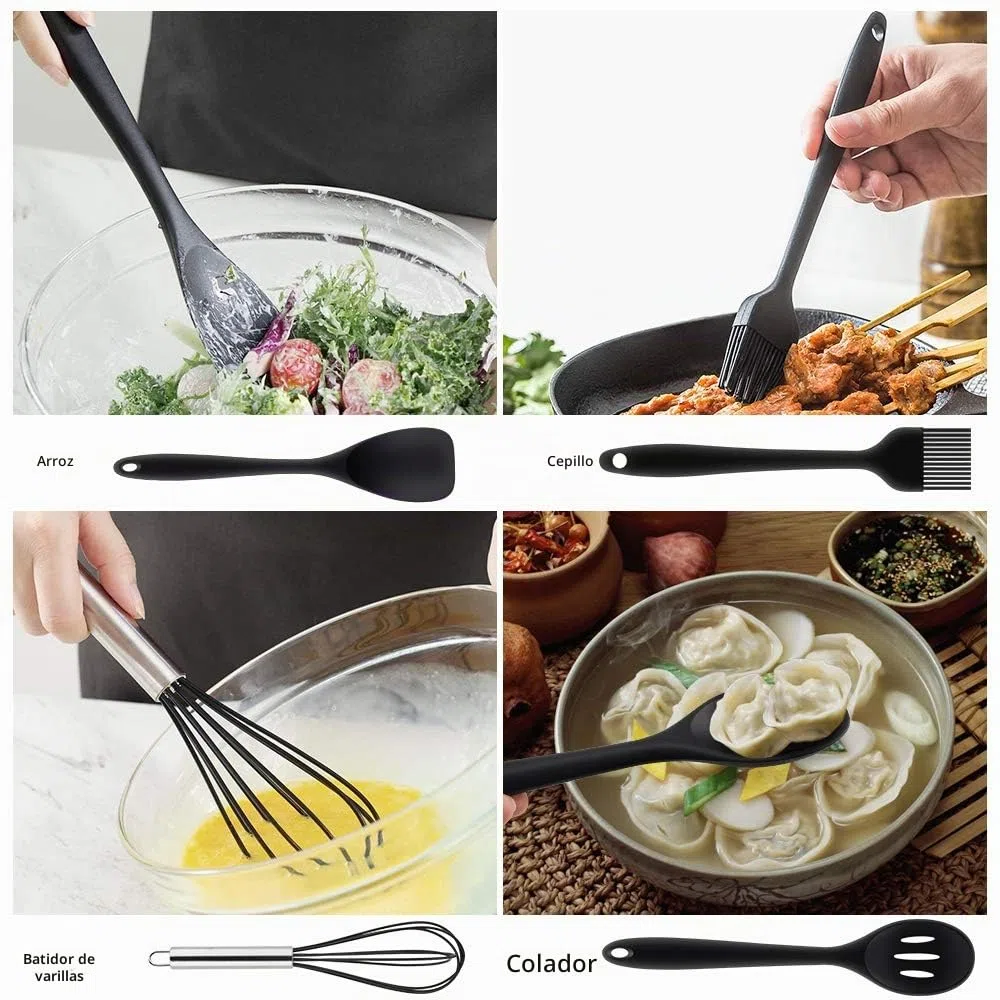 Utensilios de Cocina de Silicona, Herramientas Antiadherentes para Hornear Resistentes al Calor -10 Juegos - Negro (Cucharas de Cocina,Cucharas de Drenaje,Espátulas,Pinza,Cuchara para Espaguetis)