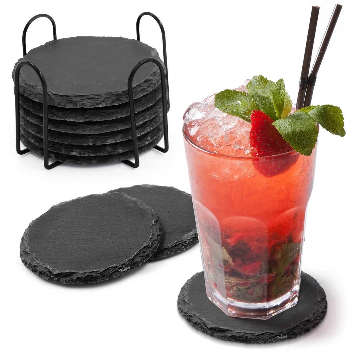 Joeji's Kitchen Juego de 8 Posavasos Negros con Soporte Elegante, duraderos y absorbentes, Proteger mesas y encimeras