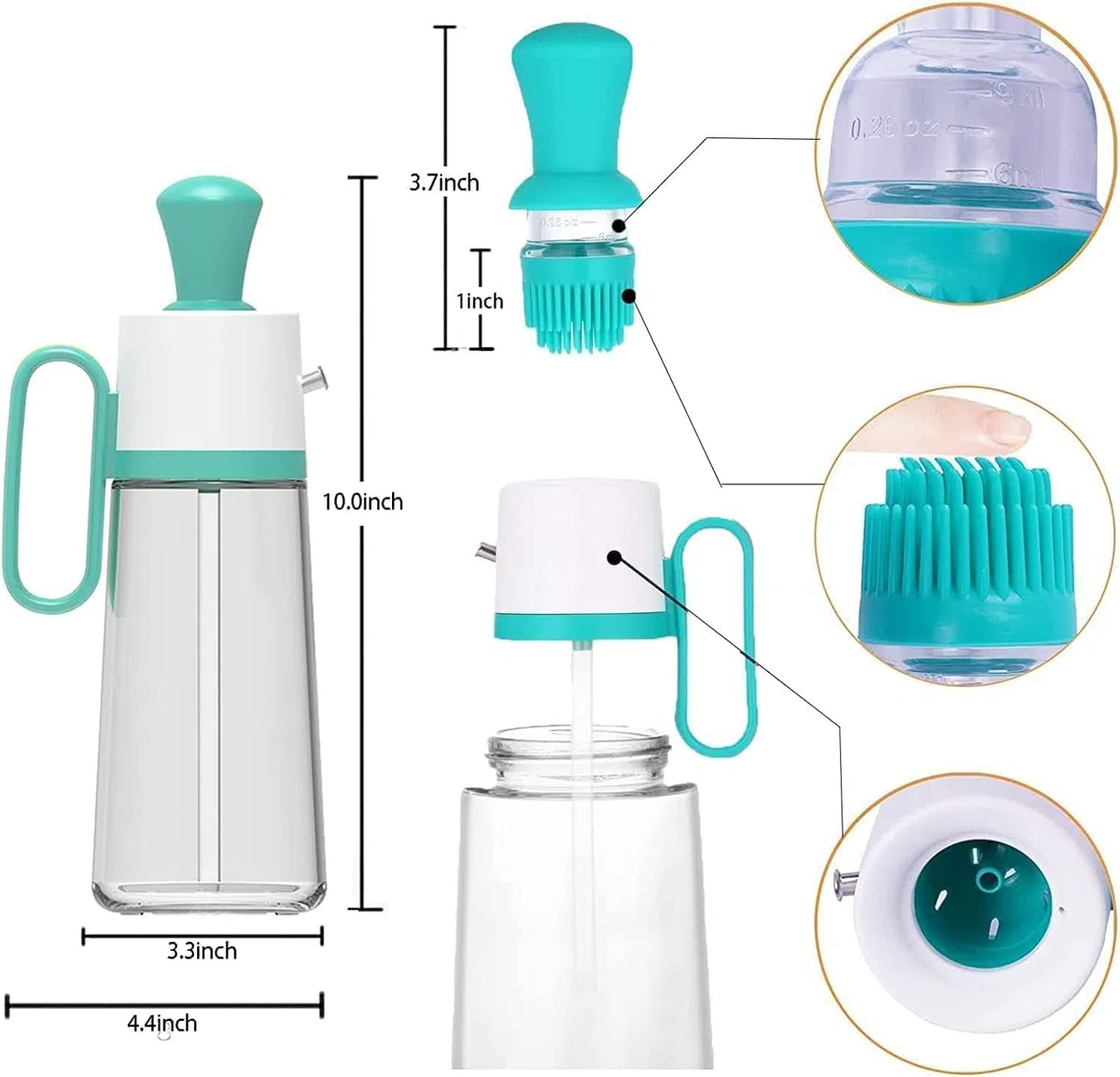 Tyenaza Dispensador de aceite con cepillo de silicona, 3 en 1, botella dispensadora de aceite de cocina, 550 ml, antifugas, botella de aceite de oliva, para cocina, freidora de aire, barbacoa (verde)