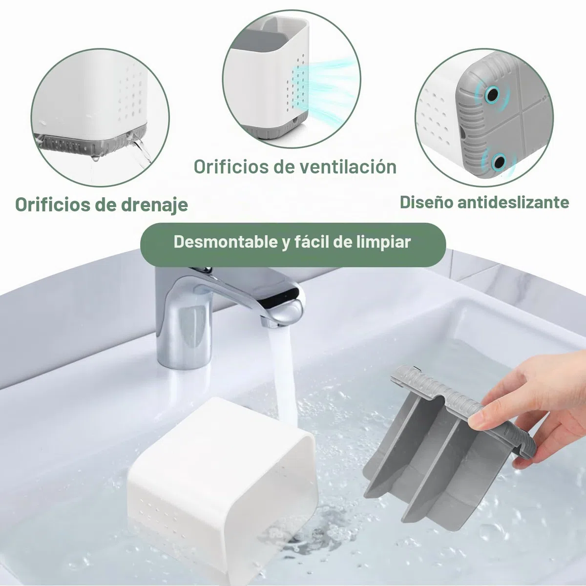 Portacepillos de dientes de plástico antideslizante Portacepillos de dientes para cepillo eléctrico con 4 ranuras para el baño, Organizador de cepillos de dientes extraíble Gris con desagüe para
