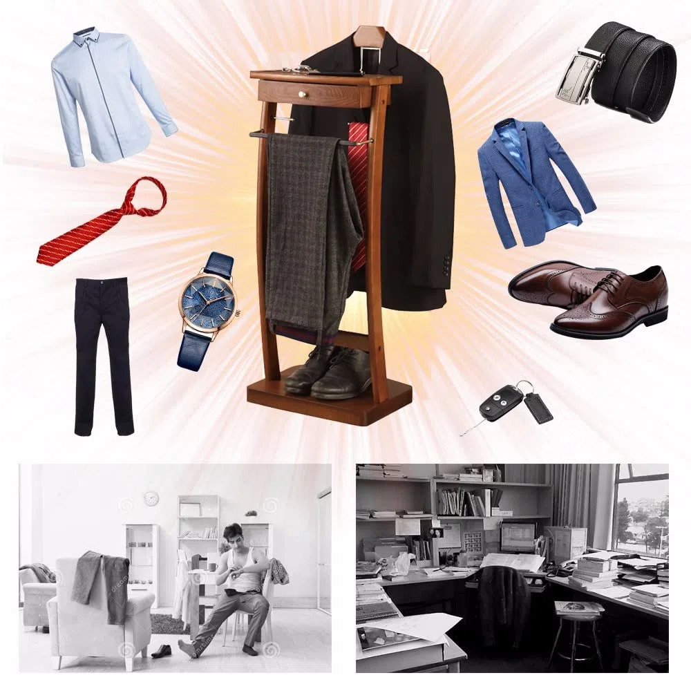 RajoNN Perchero de pie para Ropa, con cajón, para Trajes, de Madera Maciza, Organizador fácil de Montar para Oficina, Sala de Estar, Dormitorio