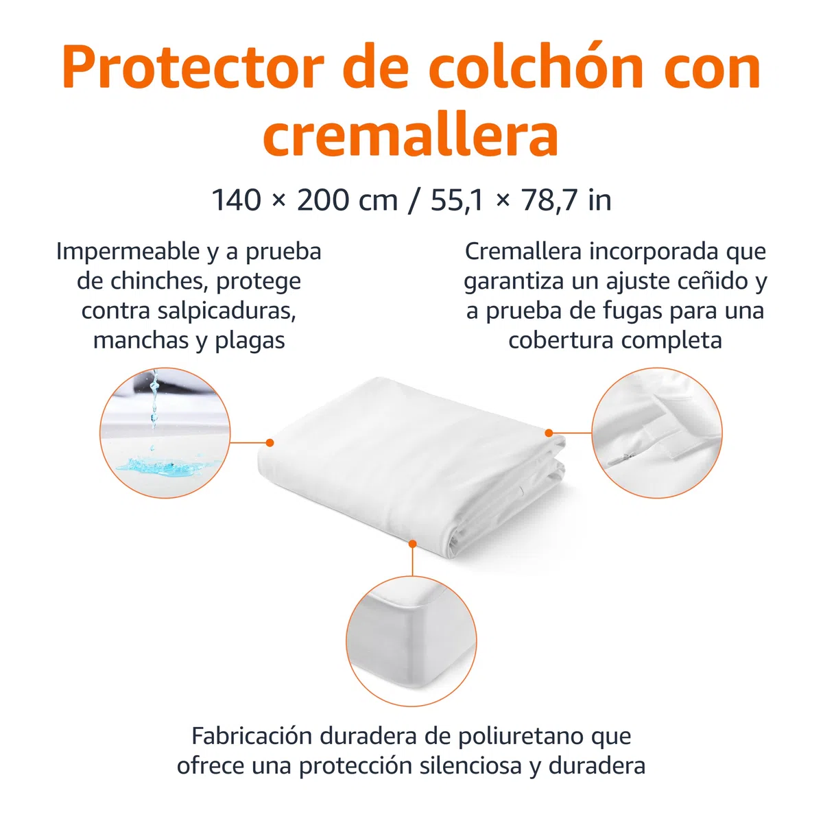 Amazon Basics Funda Protectora de Colchón Impermeable con Cremallera para Cama de 140 - Cubre Colchón Anti Chinches y Ácaros, 140 x 200 x 30 cm, Blanco