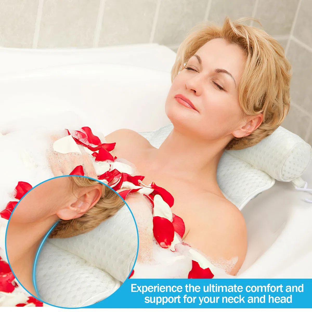 Almohada Bañera, Malla 4D Almohada de Baño, Almohada para Bañera con 6 Ventosas Antideslizantes, Reposacabezas Ergonómico, Puede soportar la Cabeza, el Cuello, la Espalda, para Bañera de Hidromasaje