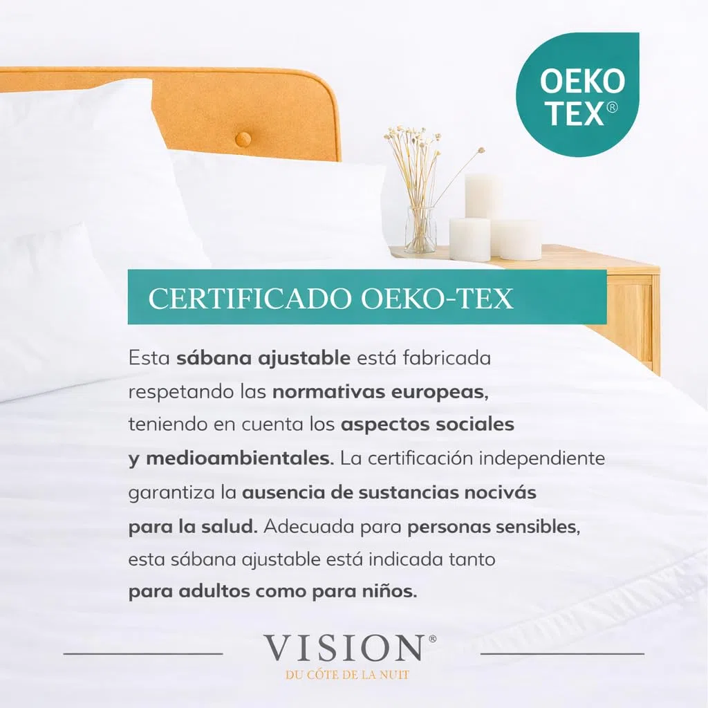 VISION Sábana Ajustable - 100% algodón - Cama Doble (150 x 200 cm) - Esquinas elásticas - Se Adapta a colchones de hasta 30 cm - Certificación Oeko-Tex - Lavable a máquina - Color: Blanco