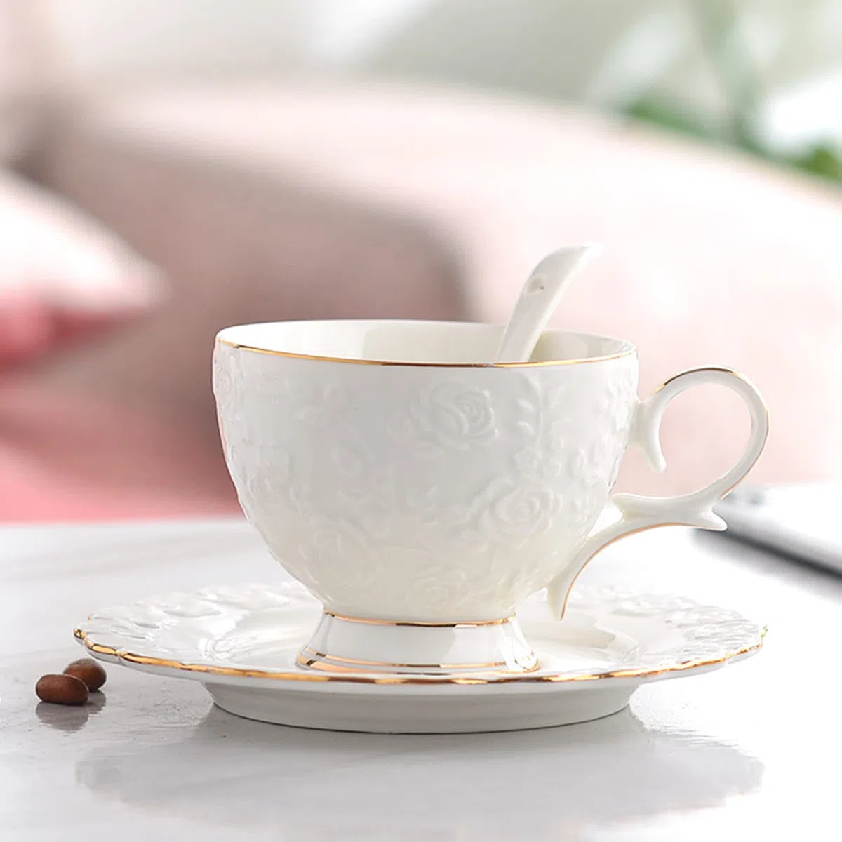 Juego de taza de té y platillo y cuchara, tazas de té de porcelana de hueso vintage, taza de té de rosa, juego de flores de rosa de 7.8 onzas
