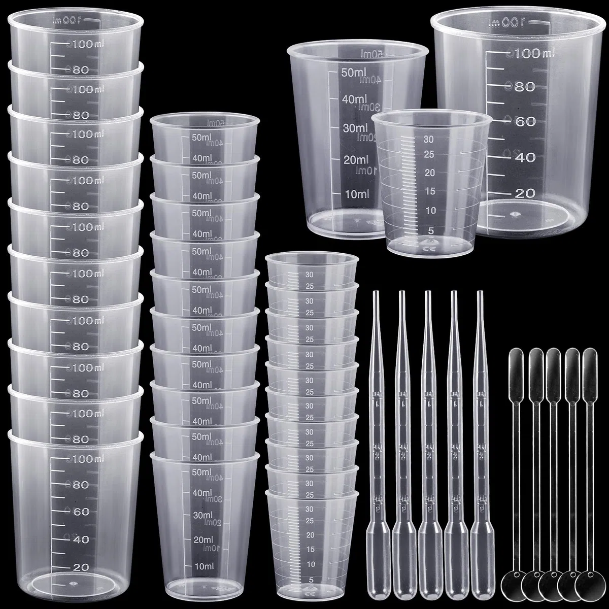 30 Piezas Vasos Medidores de Reutilizable Plástico, 30ml/50ml/100ml Tazas Medidoras de Líquido, Tazas Medidoras Transparentes, con Gotero y Cuchara de Mezcla para Hornear y Laboratorio