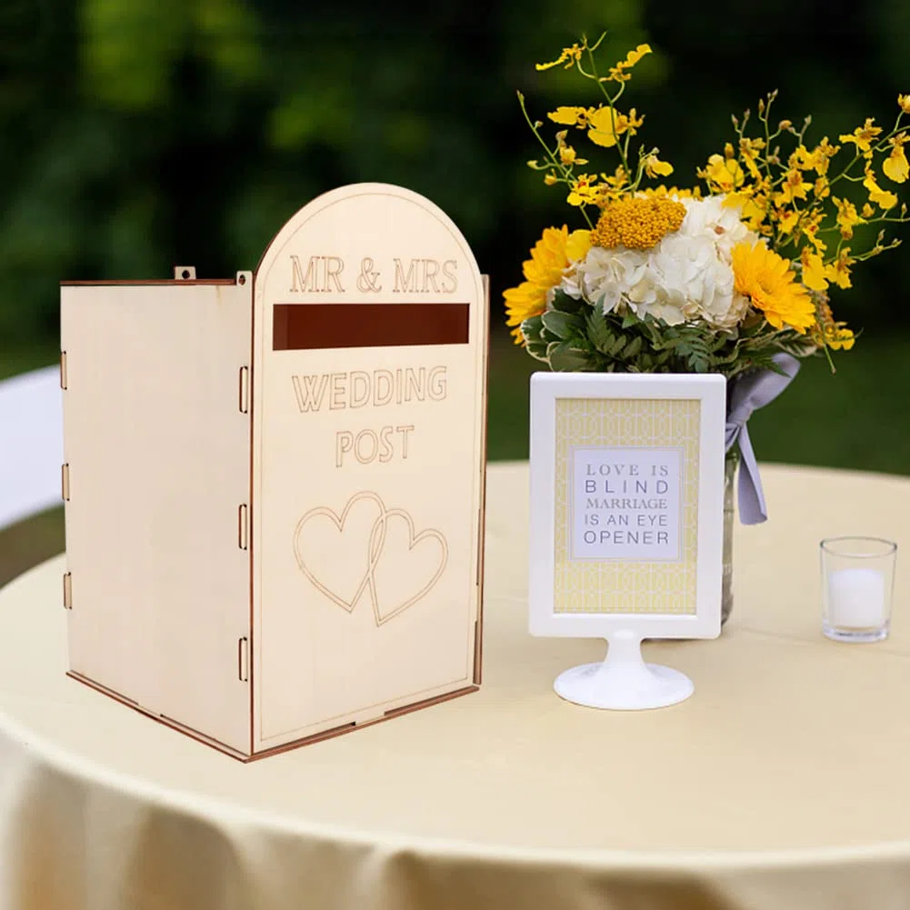Buzón de madera para tarjetas de regalo de boda, caja rústica para decoración de bodas, estilo correo real, paquete plano, como se muestra en la imagen