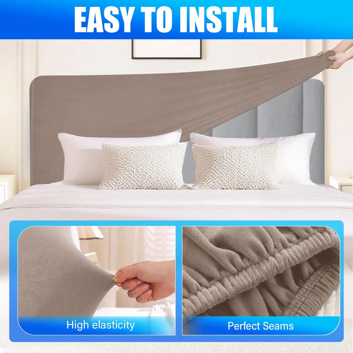 Terciopelo Funda Cabecero Cama, Protector De Cabecero De Cama A Prueba De Polvo, Desenfundable, Universales, Elástico, Tejido Suave, Decoración del Dormitorio(120cm, Caqui)