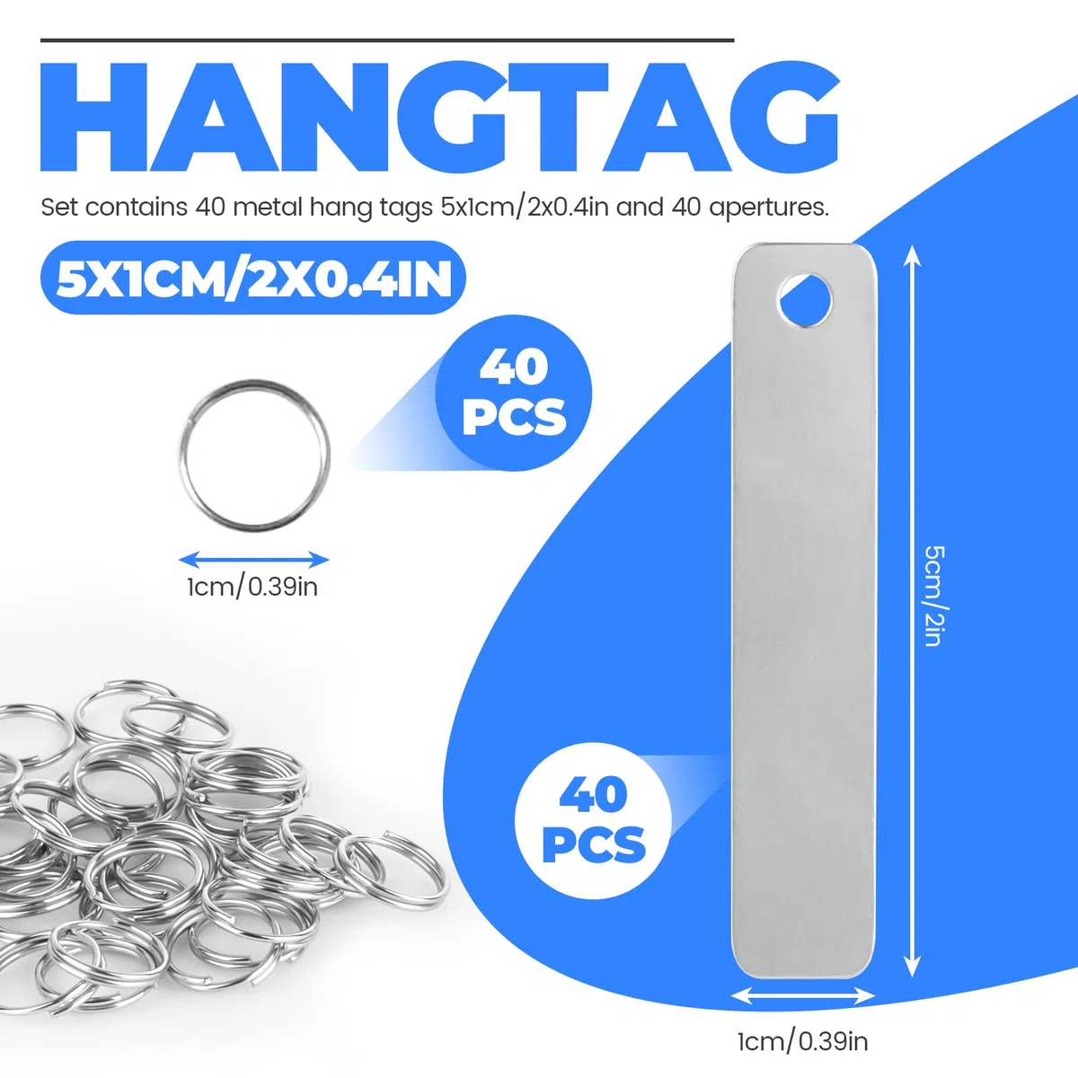 Paquete de 40 piezas en blanco de estampado de metal con llavero, grabado rectangular de acero inoxidable para etiquetas de perro, etiquetas de plantas y llaveros