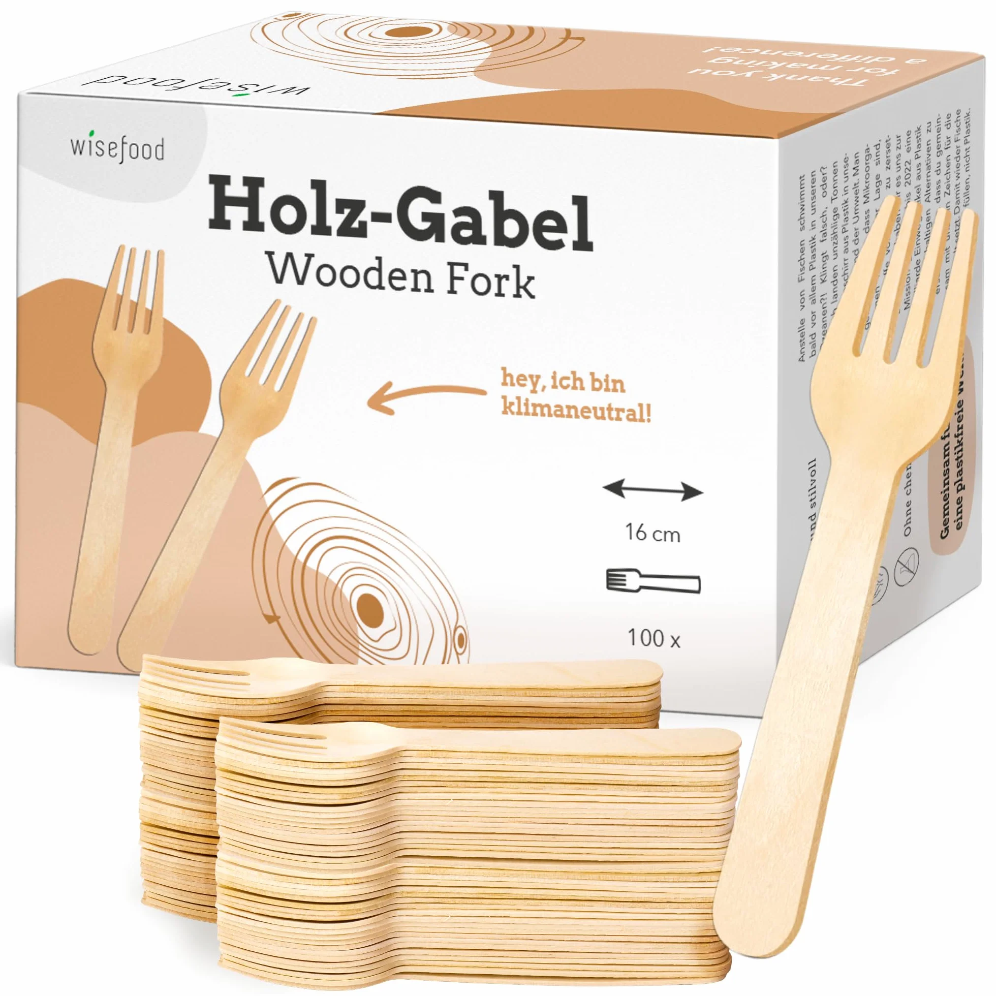 Wiseware - Tenedores desechables de madera de abedul, 100 unidades, desechables, biodegradables, naturales, estables, respetuosos con el medio ambiente, embalaje sin plástico