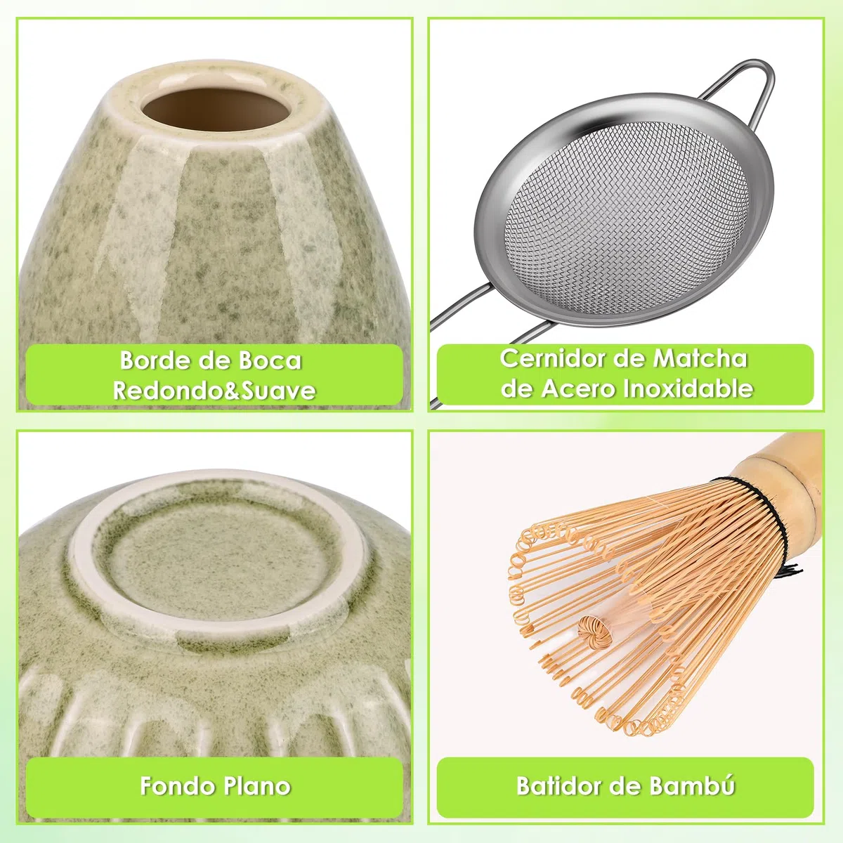 7 Piezas Matcha Kit, Matcha Set con Batidor de Bambú, Cuchara de Filtro, Colador, Cuchara de Matcha Soporte para Licuadora y Alfombrilla de Escritorio, Regalo para Amantes del té, Verde