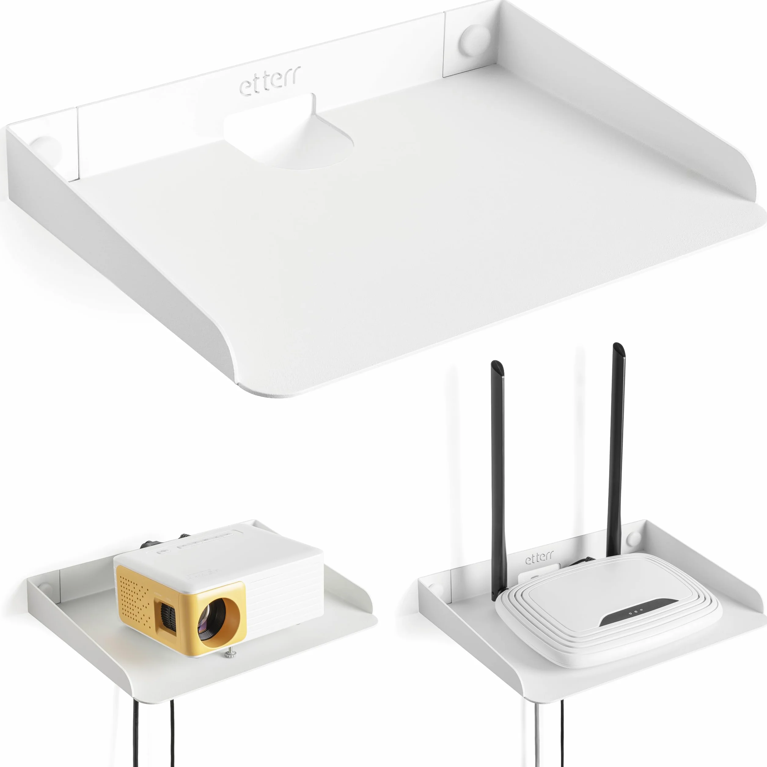 Balda para Router WiFi y Módem • Estante de Pared con Pasacables y Bordes Elevados • Repisa de Metal para Proyector y Altavoz • Estantería Flotante Organizador de Cables, Repetidor y TV Box