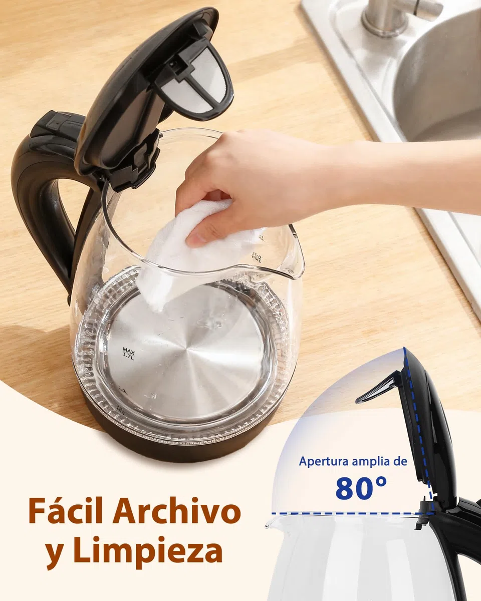 Aigostar Adam 30GOM - Hervidor de Agua Eléctrico de Cristal, Hervidores Eléctrico con Iluminación Led, 1,7 L, 2200W, Libre de BPA y Sistema de Protección Contra la Ebullición en Seco, Base 360º