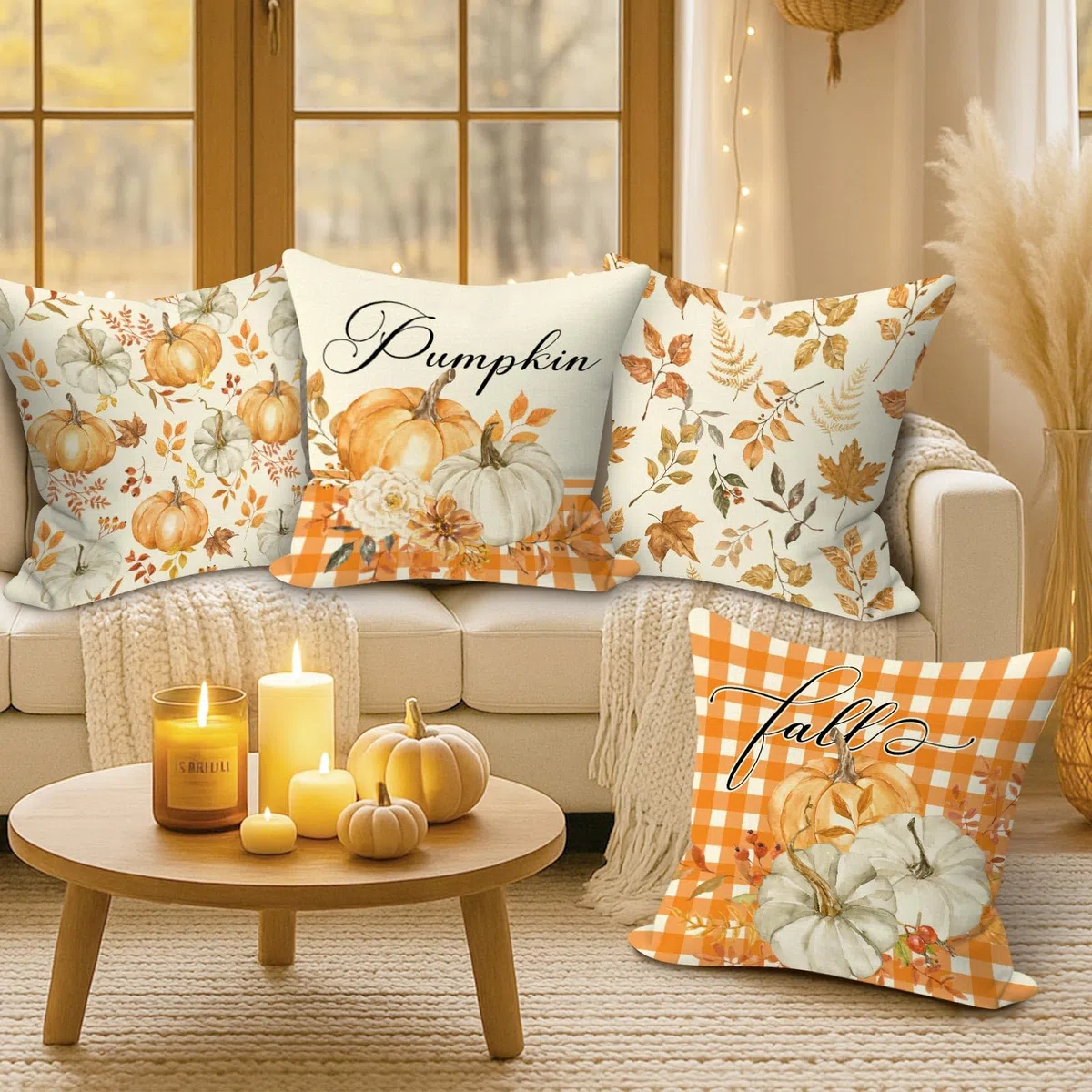 Benjia Juego de 4 Fundas de cojín de otoño de 45x45 cm, Hojas caídas Calabaza Fundas de Almohada de otoño Cubiertas de Almohadas 45 x 45 cm para Acción de Gracias Halloween Home Sofá-Naranja