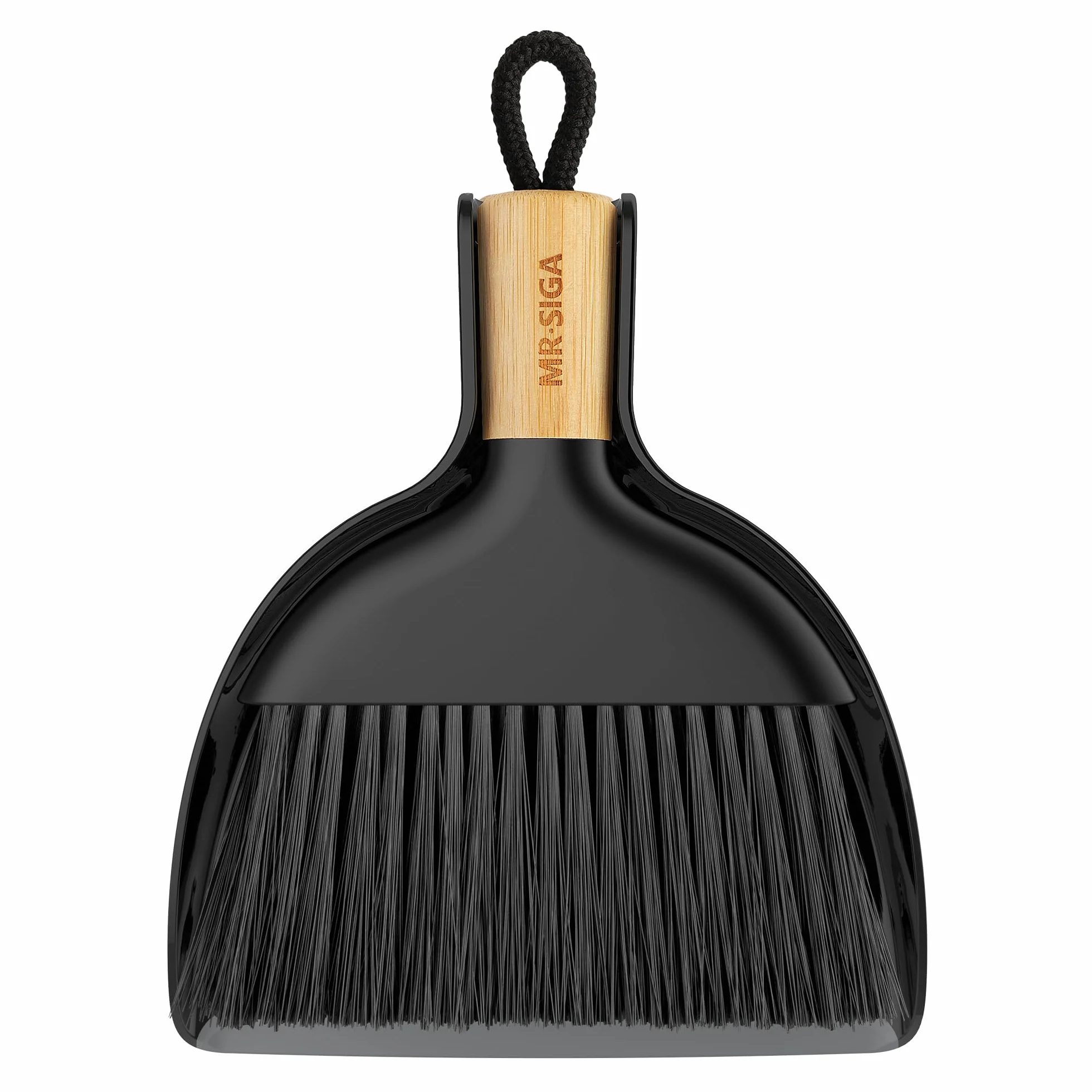 MR.SIGA Mini Juego de Cepillo y Recogedor, Combo de Cepillo y Recogedor Portátil con Mango de Bambú, Negro, 1 Juego