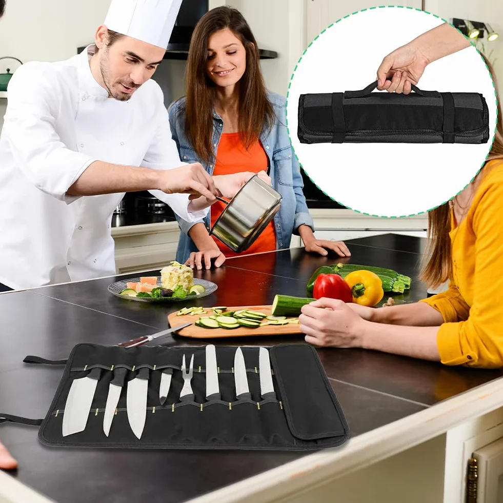 Bolsa para Cuchillos de Chef，35,5 * 57 cm con 20 Ranuras Protectores de Rollo de Almacenamiento de Cubiertos Portátiles Multifuncionales para el Hogar Cocina Viajes y Campamentos Sostiene