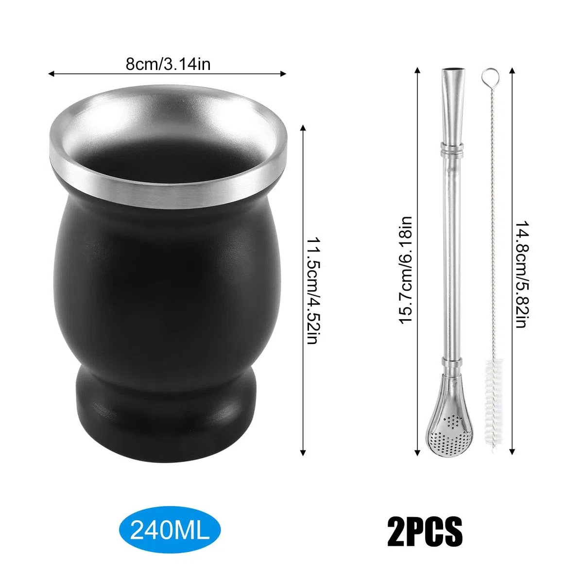 Juego de 2 Vasos de Acero Inoxidable para Té Mate con Cuchara y Cepillo de Limpieza, Dishwasher Safe y Durable para Cocina
