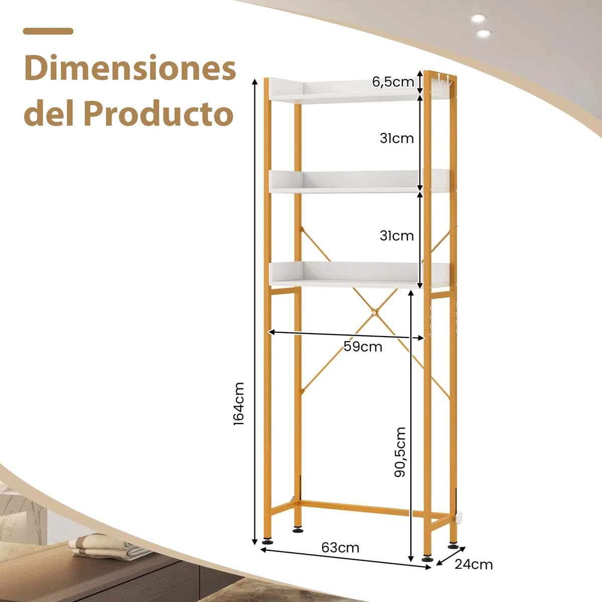COSTWAY Estanteria sobre Inodoro WC, Estantería de Almacenamiento de 3 Niveles para Baño con 4 Ganchos y Barra Inferior Ajustable, Estantería Multiusos para Baño Lavadero (Blanco + Dorado)