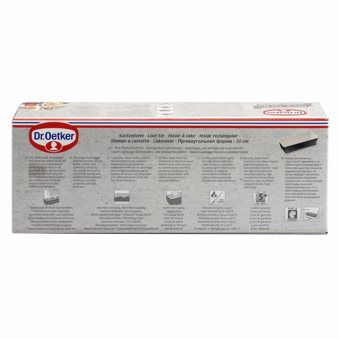 Dr. Oetker, 30x11,5x7,5cm, Molde rectangular plumcake en acero reforzado con cerámica y revestimiento antiadherente especial, 1ud, Gris marengo y crema