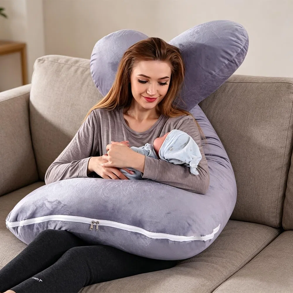 FARYODI Almohada de repuesto en forma de U, 140 x 80 cm, funda de almohada para embarazadas y lactancia, 100 % algodón, extraíble y lavable a máquina, respetuosa con la piel, transpirable (gris)