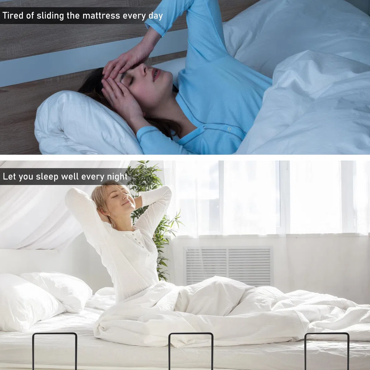 4 soportes para colchón antideslizamiento: soporte para colchón para marco de cama con cinta adhesiva de doble cara y tornillos, soporte para colchones, tope antideslizante para marco de cama