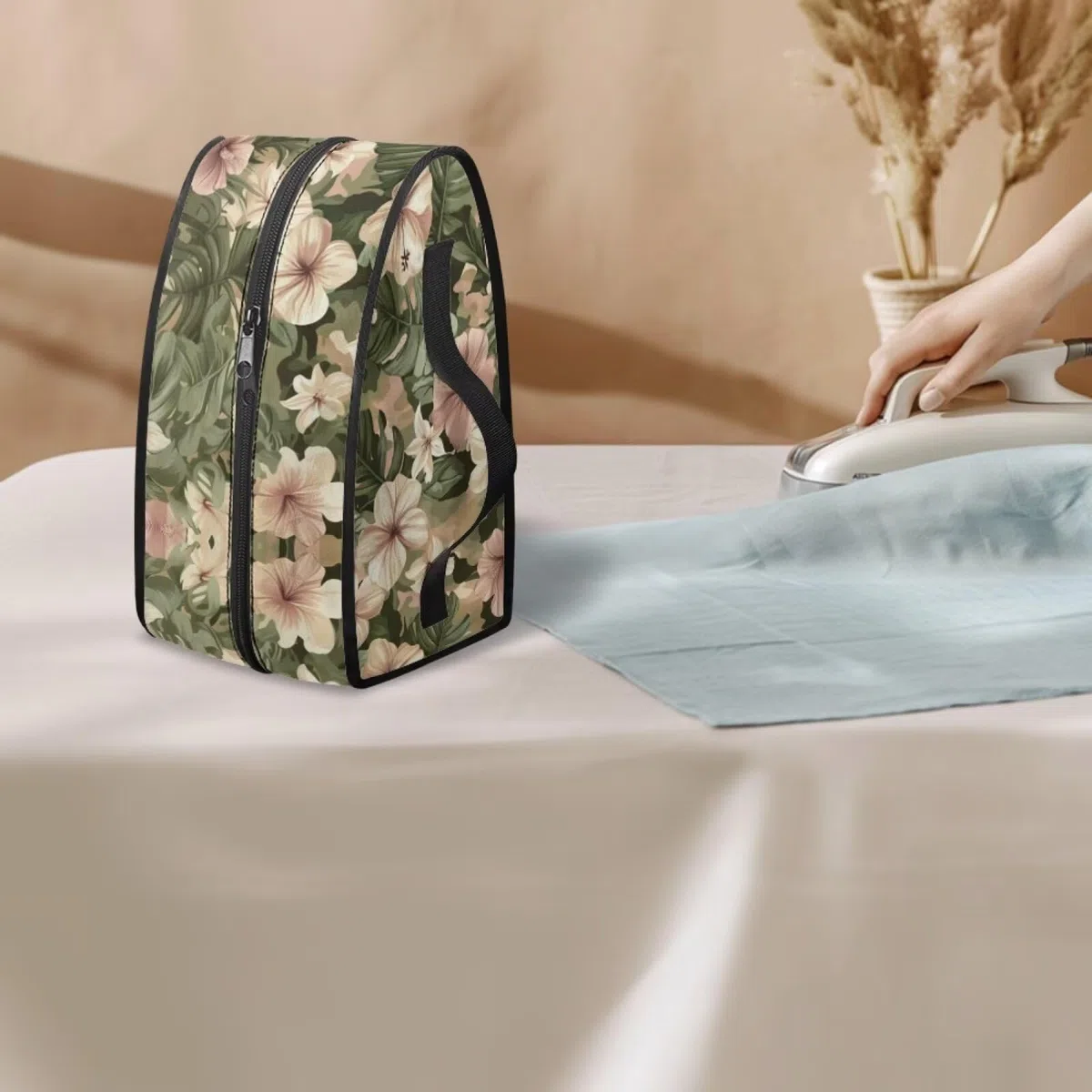 Bolsa de almacenamiento de hierro floral vintage con asa y cierre de cremallera, bolsa de almacenamiento portátil, bolsas de viaje