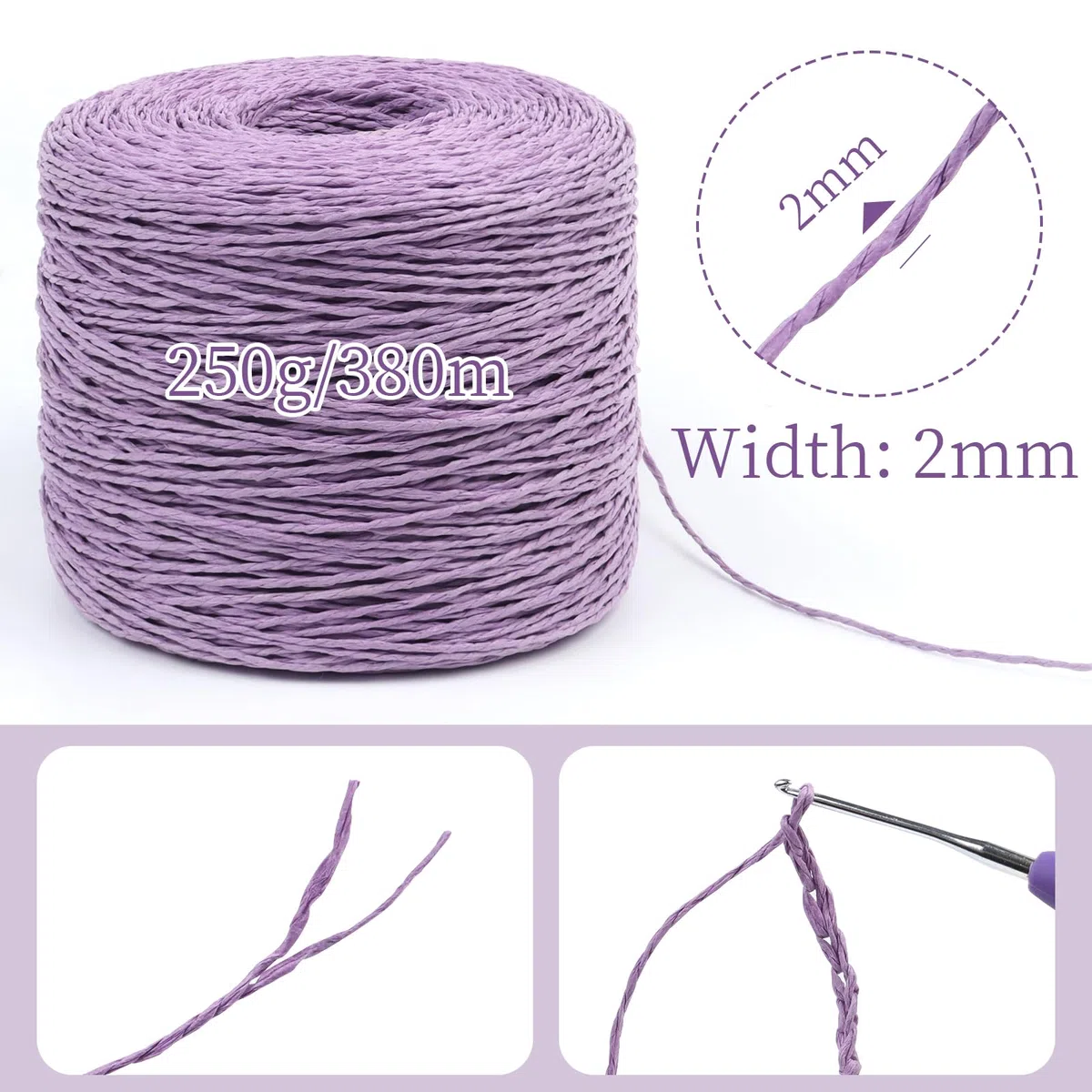 Uiopa Rafia para Tejer Crochet, 250g/380m Hilo de Rafia Natural, Hilo Crochet de Papel para Bolsos, Sombreros, Cestas, Decoración, Manualidades