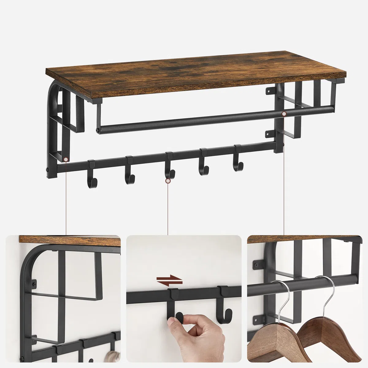 VASAGLE Perchero de Pared, Perchero Colgante con 5 Ganchos Extraíbles, Estante Montado en Pared, Barra de Colgar, para Pasillo, Dormitorio, Sala de Estar, Marrón Rústico y Negro LCR12BX