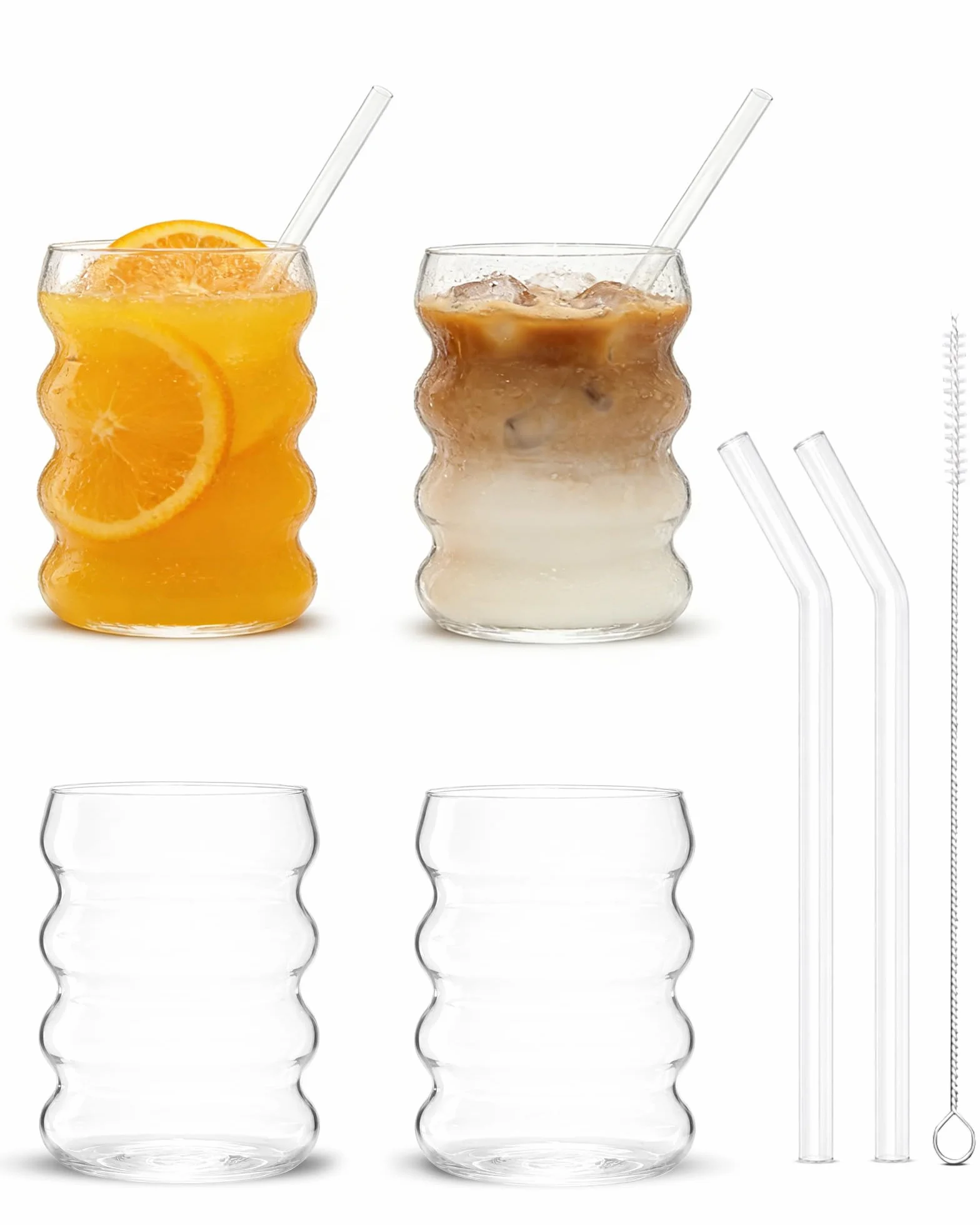 Juego de 4 Vasos de Cristal con Pajita y Cepillos 350 ml – Vasos Ondulados Resistentes Al Frío y Al Calor para Café Helado, Agua y Bebidas