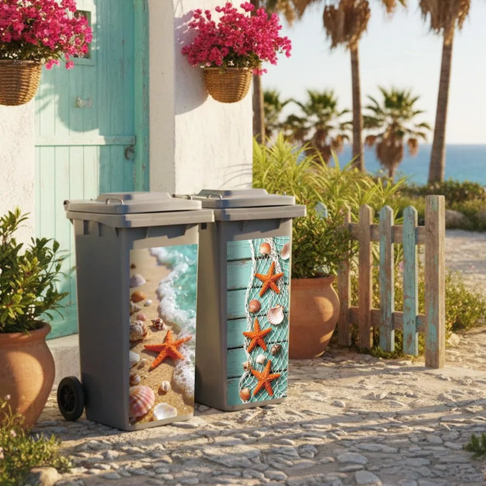 Peacoblue 2 hojas de calcomanías adhesivas para cubo de basura con diseño de estrella de mar y conchas marinas, 15 x 32 pulgadas, impermeables, grandes envolturas para contenedores, nevera, pared al