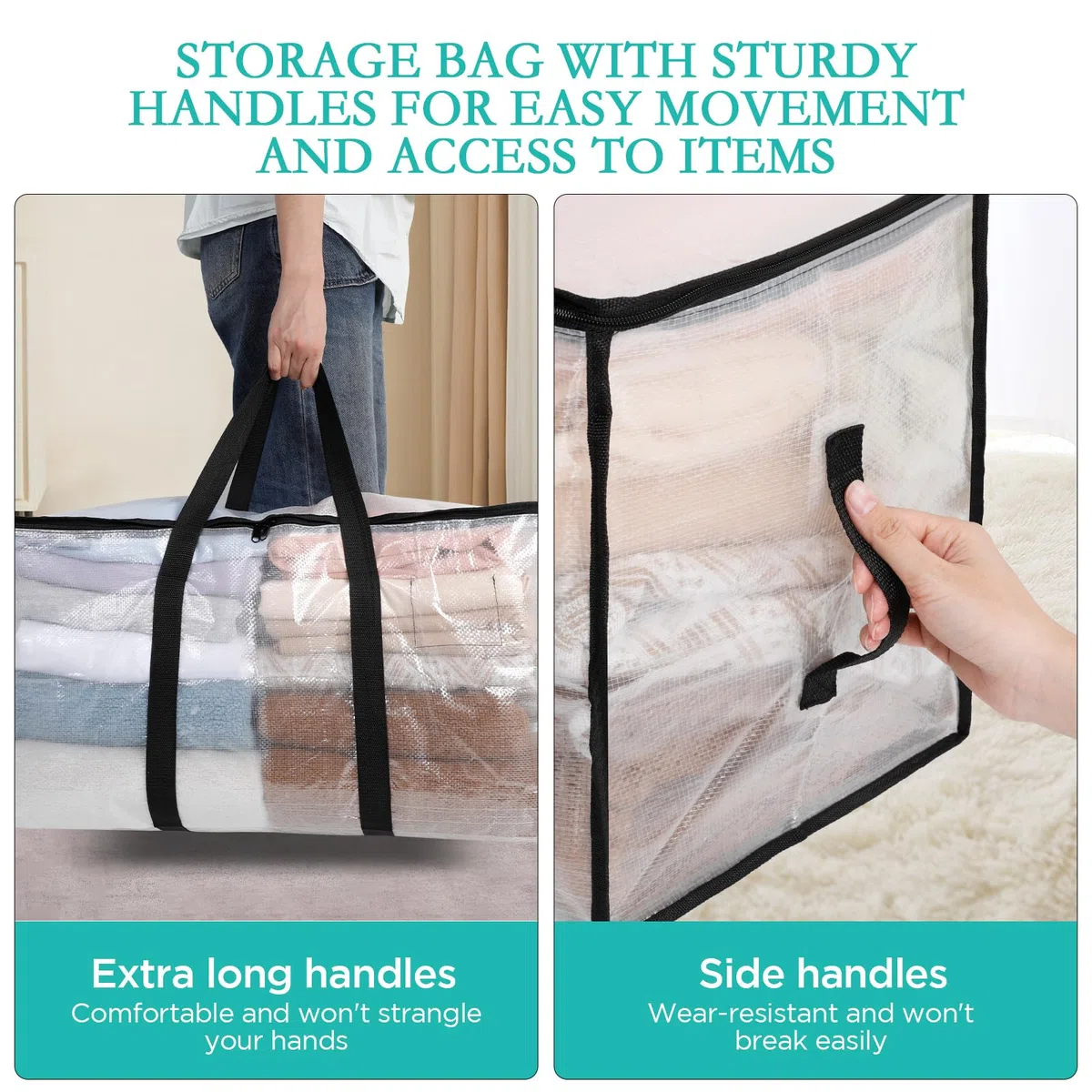AiQInu 2 Piezas Bolsa Almacenaje 72 L, Impermeable Bolsas Mudanza Grandes Cremallera y Asa, Transparente Bolsa de Almacenamiento Ropa, Cajas Ordenacion Armario para Guardar Ropa Edredones