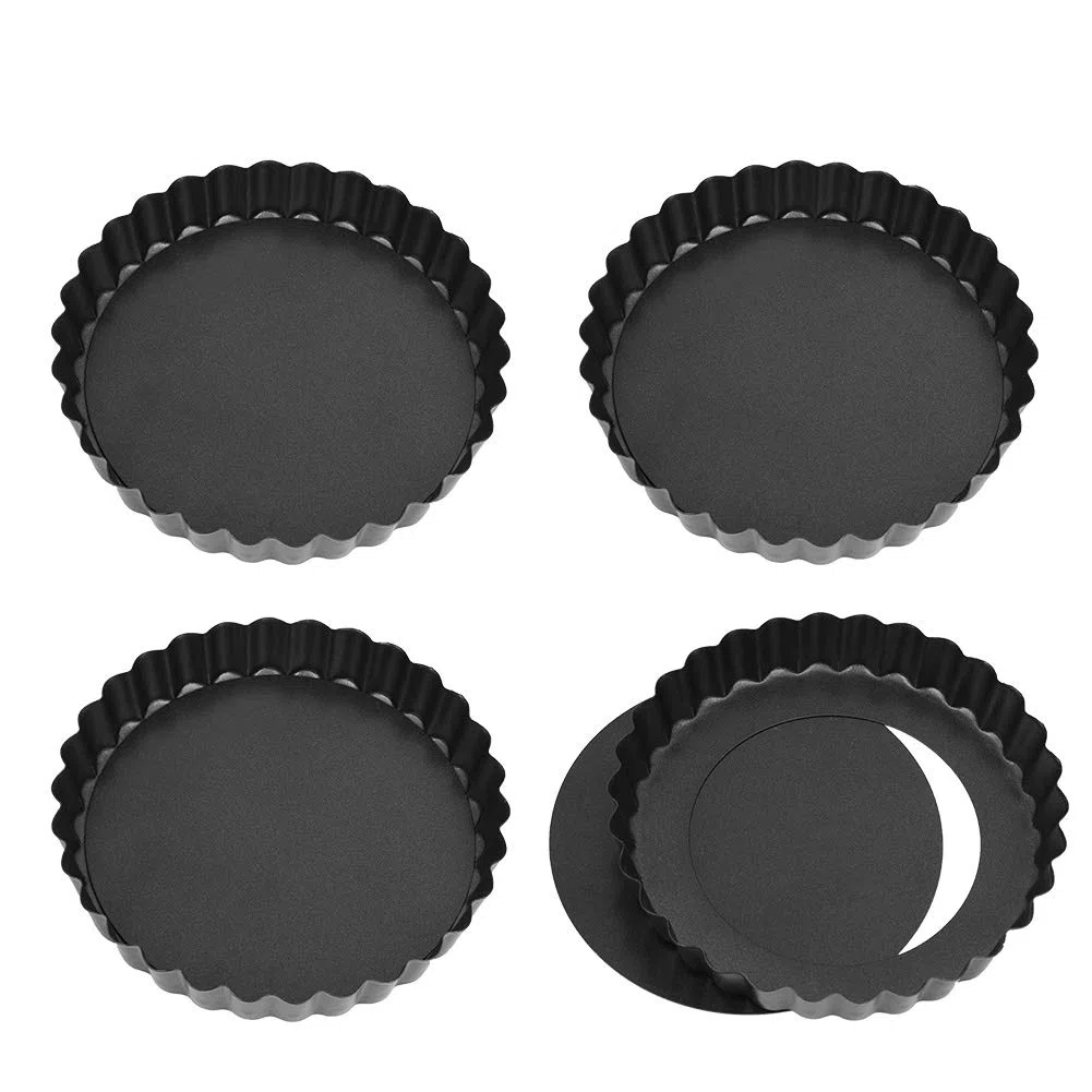 Paquete de 4 latas de 12 cm con fondo suelto extraíble, antiadherentes, mini moldes para tartas, moldes redondos para huevos para hornear pasteles de queso (negro)