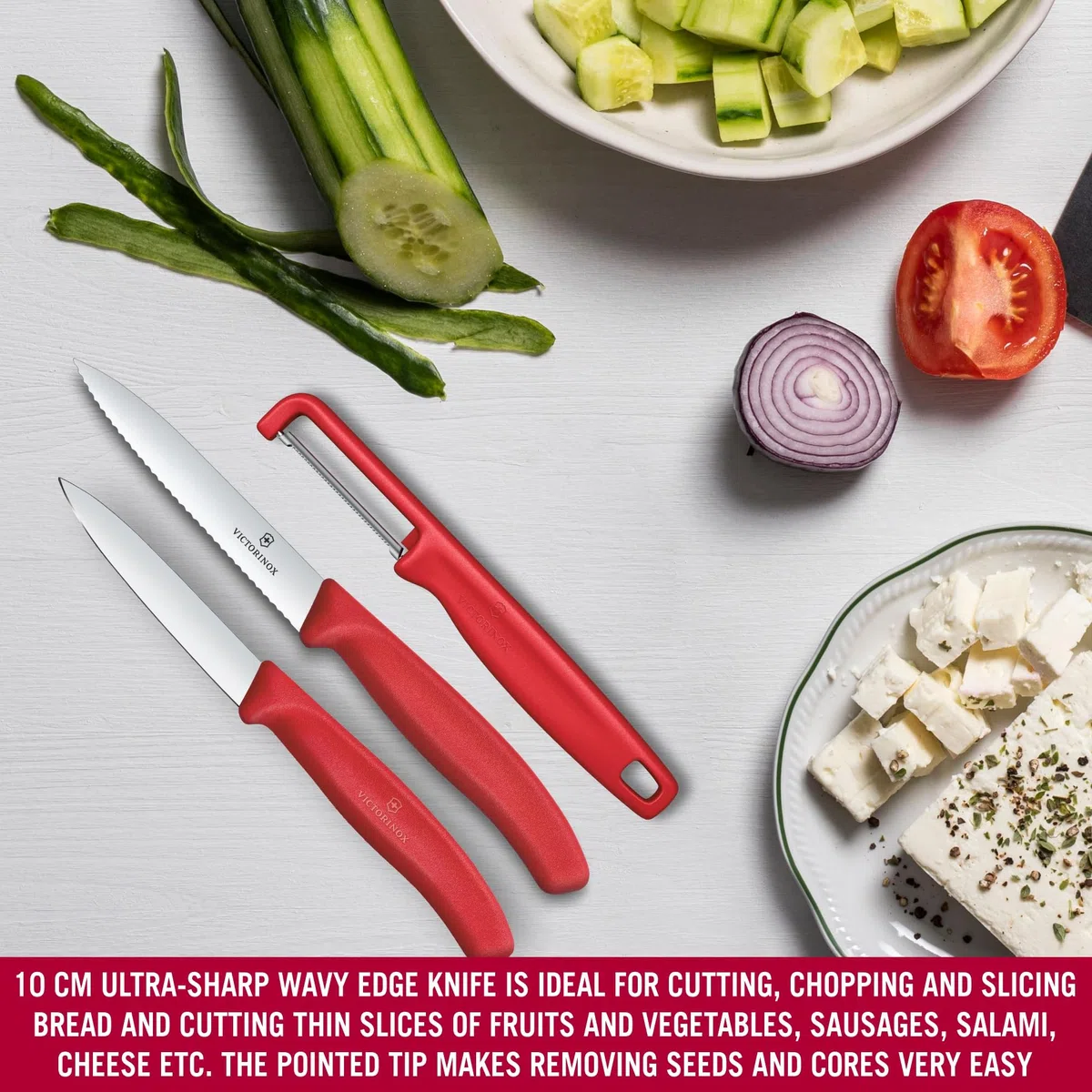 Victorinox Swiss Classic Juego de navajas con pelador, cuchillo para pelar y cuchillo para tomates, 3 piezas, hoja extra afilada, Rojo