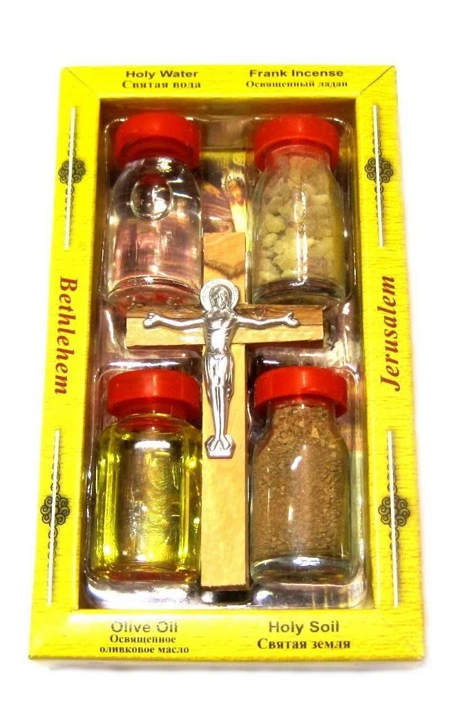 Accessory 1 Juego 5 en 1 de Cruz de Madera de Olivo auténtica de Tierra Santa, Tierra bendita, Incienso, Aceite y Madera de Olivo auténtica