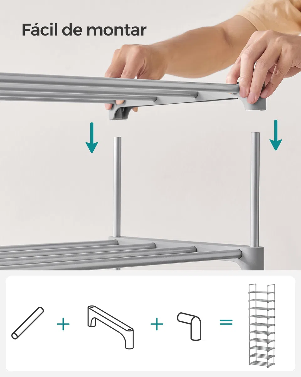 SONGMICS Zapatero, 10 Niveles, Zapatero Estrecho, Organizador de Zapatos de Metal, Pasillo, Salón, Armario, Ahorra Espacio, Apilable, para 10-20 Pares, 30 x 45 x 174 cm, Gris LSA025G02