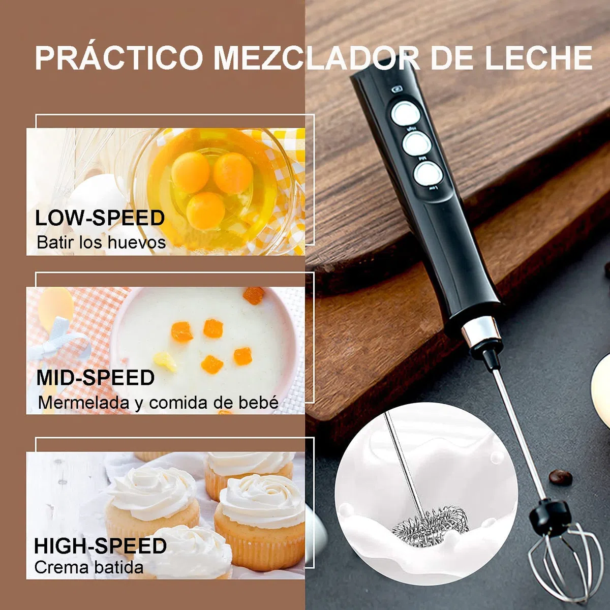 Bauihr Espumador de Leche USB, Espumador leche electrico, Regulable en 3 velocidades, con 3 Batidores de Acero Inoxidable, para Cafe, Matcha,colacao