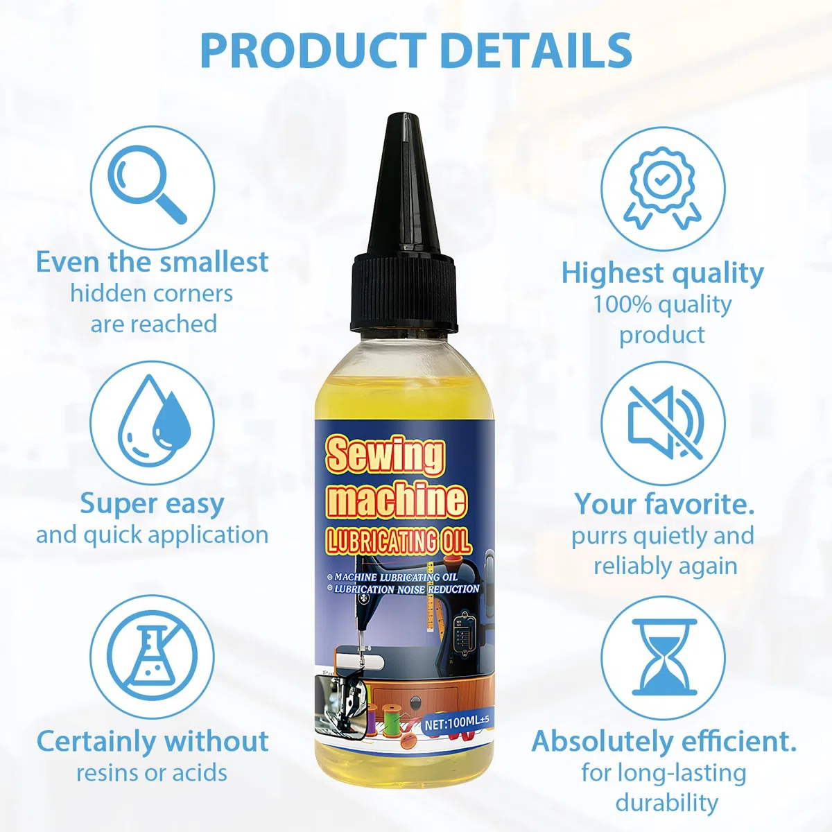 Aceite Maquina de Coser, Inodoro y No Mancha. Incluye 1 Botella de Aceite Para Maquina de Coser, 1 Cepillo Grande Para Limpiar y 4 Cepillos Pequeños.