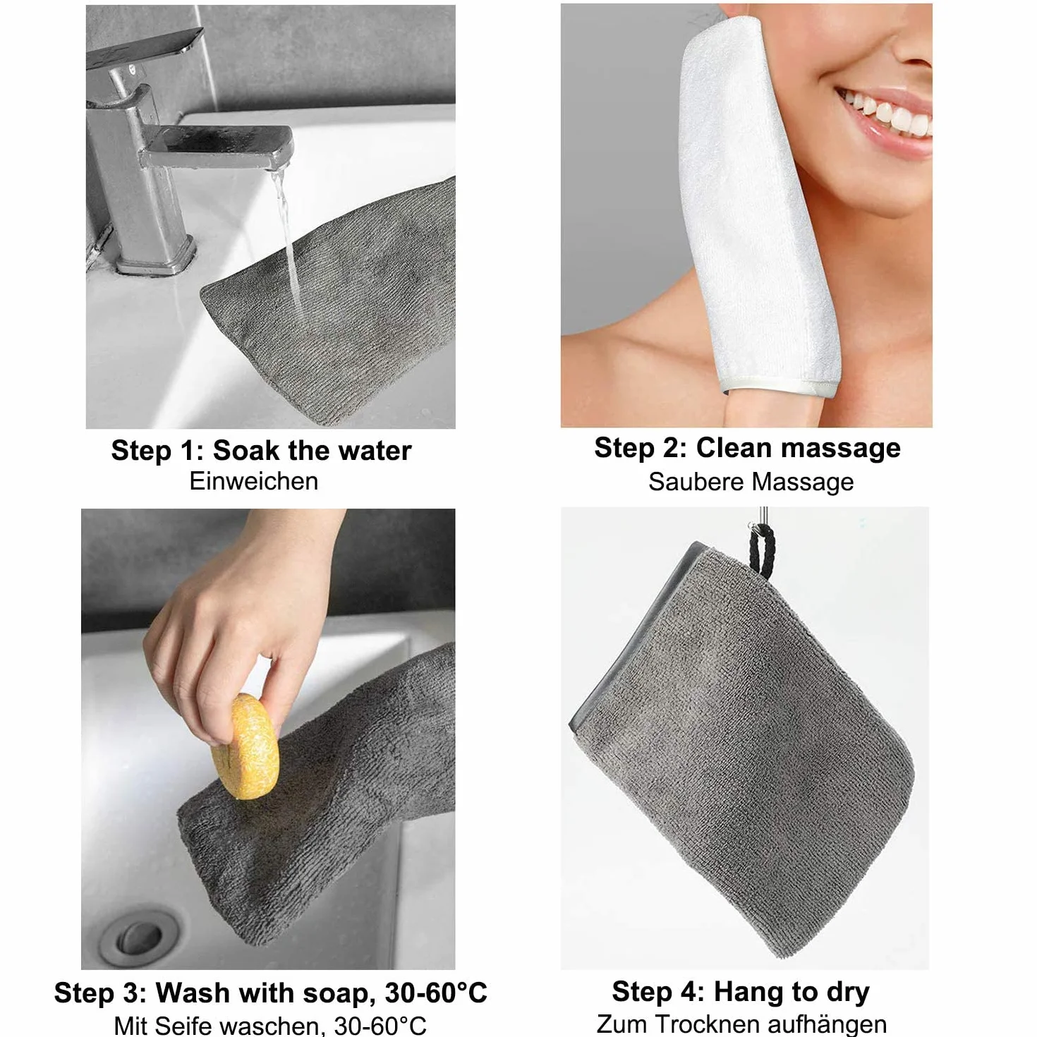 PHOGARY Paquete de 10 Piezas de Manoplas de baño Guantes para lavarse tamaño 15x21 cm con Cordón, Microfibra Premium de Color Gris Antracita y Blanco