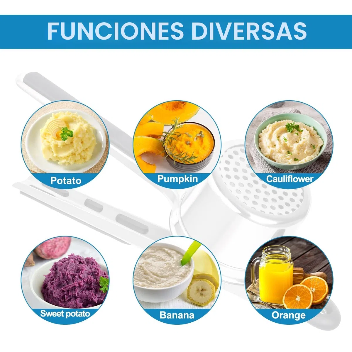 Exprimidor de patatas Sopito con 3 coladores intercambiables, prensador de patatas de acero inoxidable para puré de patatas, puré de verduras, zumos de frutas y receta de alimentos