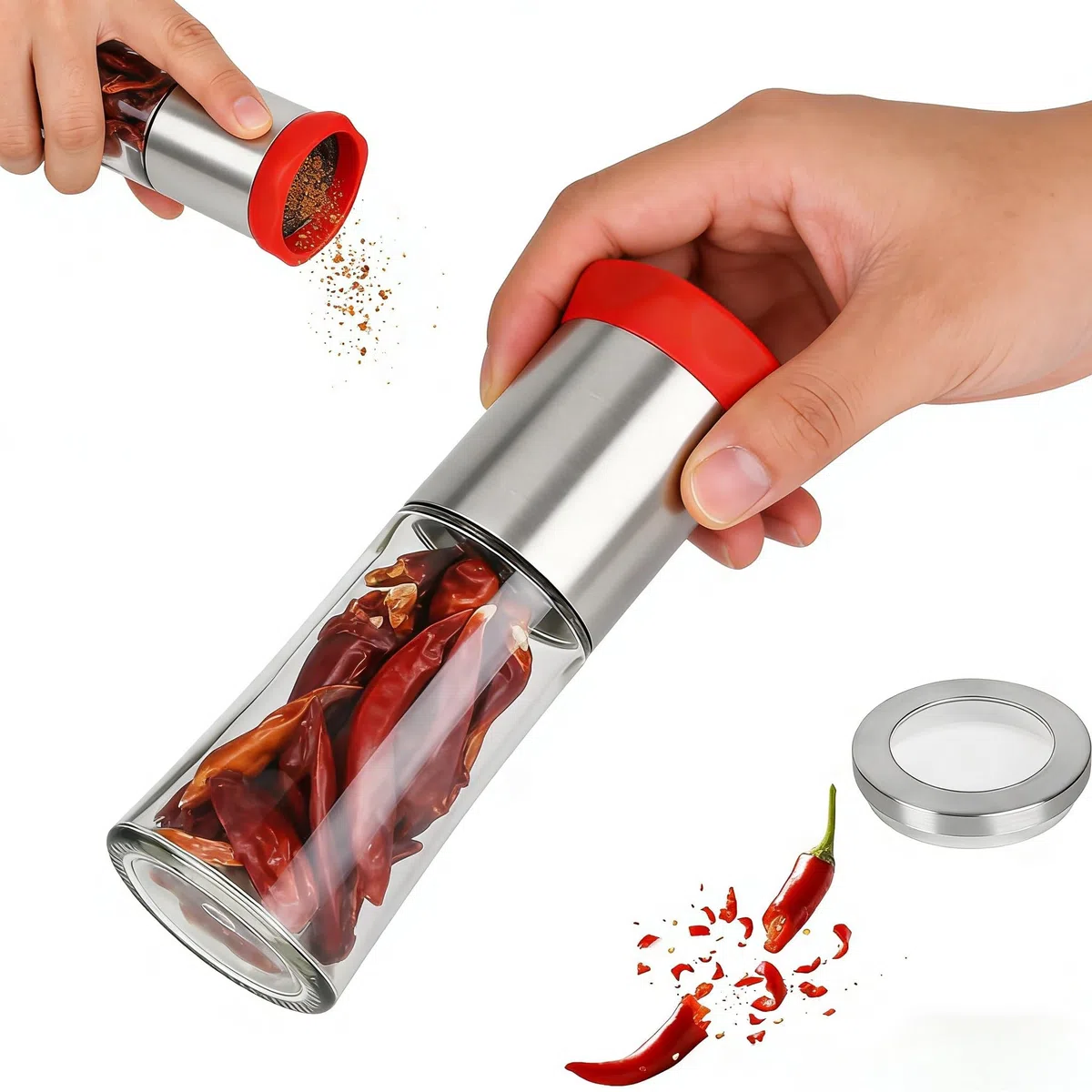 Molinillo de Guindillas con Cuchillas Acero Inox Molino Chiles Secos Regulable Triturador Especias Manual Depósito Vidrio Cortador Chiles No Se Atasca Antihumedad Anillo Silicona Roja Pimentero Mesa
