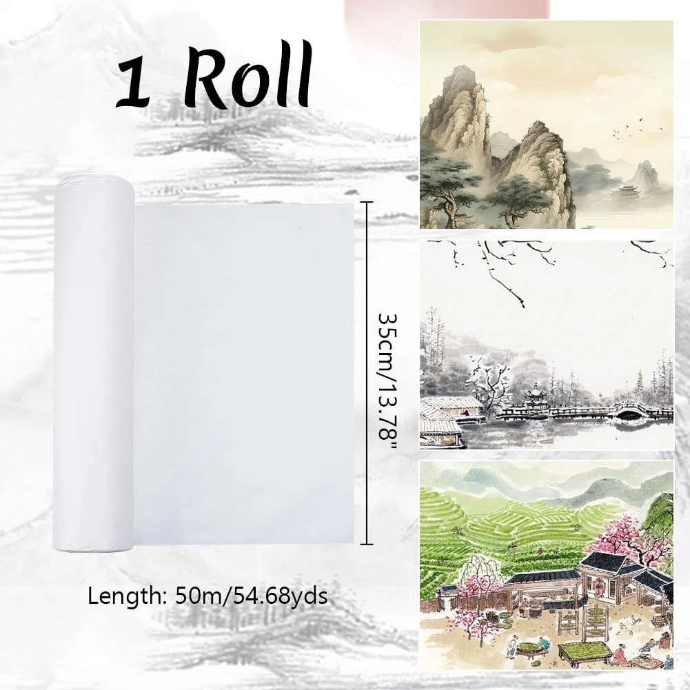 NBEADS Papel Xuan de Caligrafía China, Papel de Arroz Grueso, Papel de Caligrafía Sumi Sin Rejillas Rollo de Papel Xuan para Pintar, Pincel de Caligrafía, Escritura de Tinta, 50mx35cm